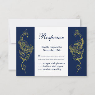 Elegant Mehndi Peacock Wedding RSVP - Navy & White Card