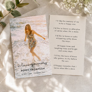 Elegant Memorial Funeral Favour Poem Card