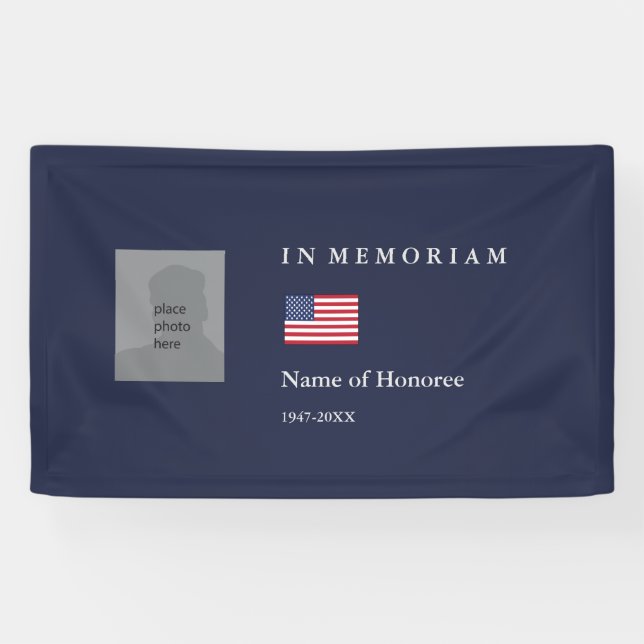 Elegant Memorial in blue with photo and flag Banner (Horizontal)