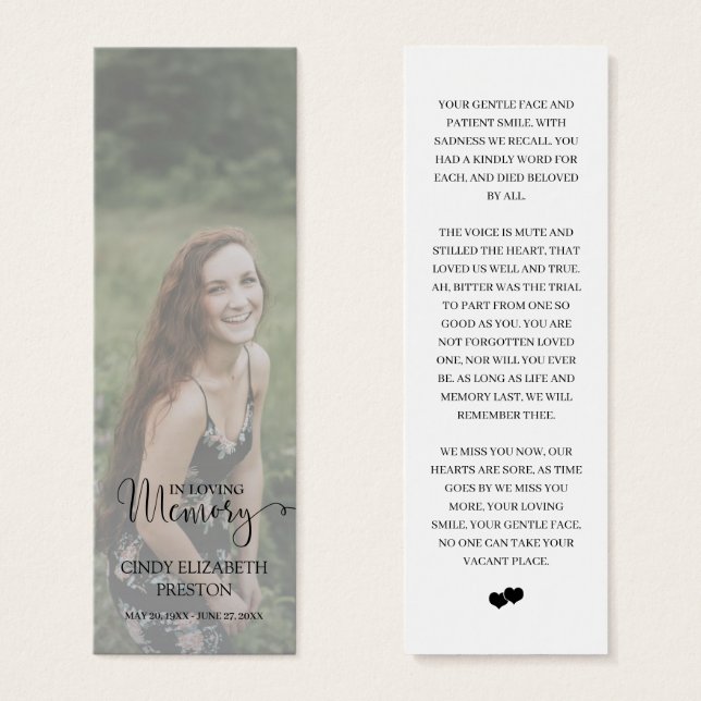 Elegant Memorial Photo Funeral Poem Bookmark (Front & Back)