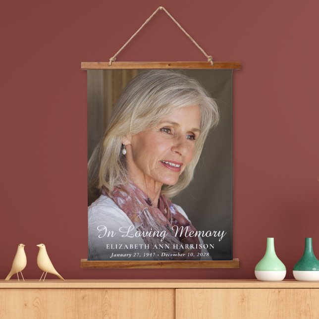 Elegant Memorial Photo White Script Overlay Hanging Tapestry (Creator Uploaded)