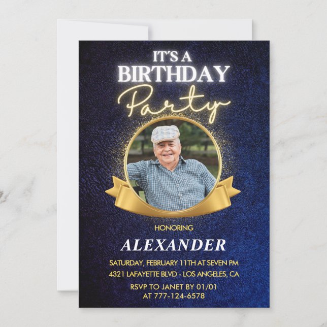 Elegant Men Navy Photo 82nd birthday Invitation (Front)