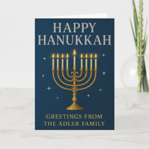 Elegant Menorah, Stars & Royal Blue Hanukkah Holiday Card