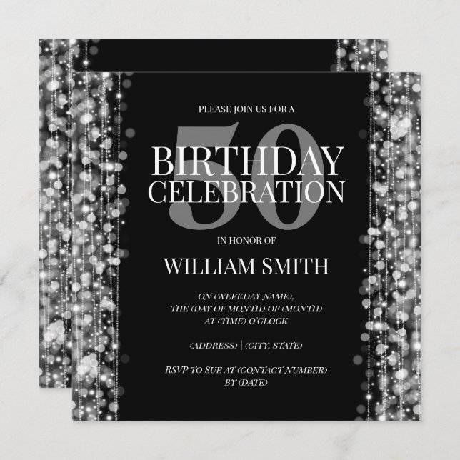Elegant Mens Birthday Party Sparkles Silver Invitation (Front/Back)