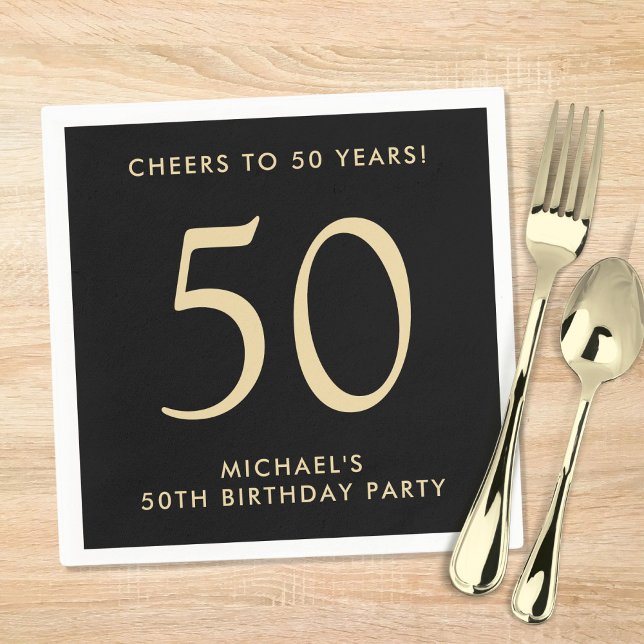 Elegant Mens Black Gold 50th Birthday Party Napkin (Creator Uploaded)