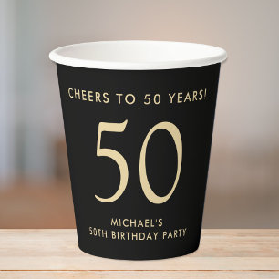 Elegant Mens Black Gold 50th Birthday Party Paper Cups
