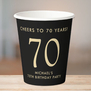 Elegant Mens Black Gold 70th Birthday Party Paper Cups