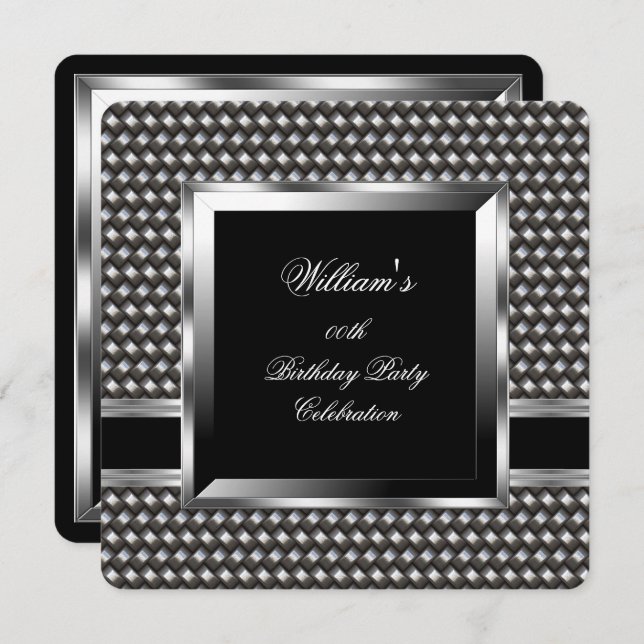 Elegant Men's Black Silver Birthday Party Man 2 Invitation (Front/Back)