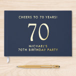 Elegant Mens Blue 70th Birthday Party Guest Book<br><div class="desc">Elevate his 70th birthday party with this elegant dark navy blue guestbook featuring your choice of genuine gold or silver foil,  "Cheers to 70 Years" and his name in modern lettering,  Personalise the title on the spine.</div>