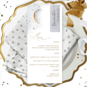 Elegant Menu with Guest Name, Celestial Moon Stars