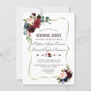 Elegant Merlot Navy Blue Floral Rehearsal Dinner Invitation