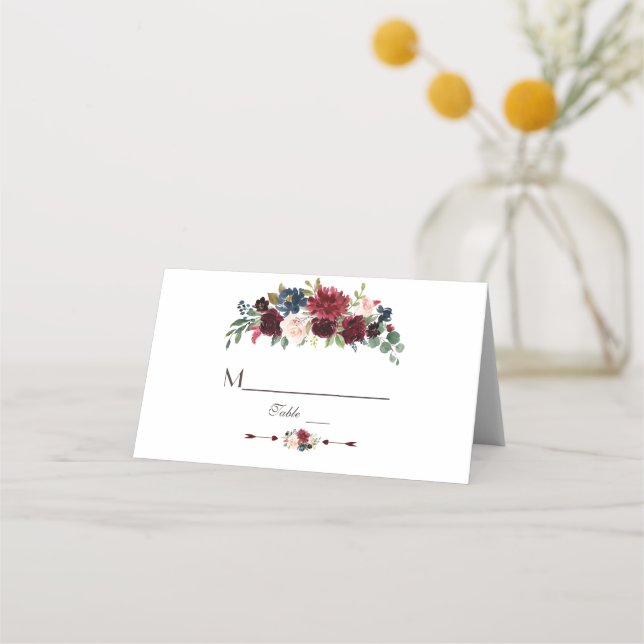 Elegant Merlot Navy Blue Floral Table Number Place Card (Front)
