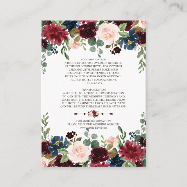 Elegant Merlot Navy Blue Floral Wedding Details Enclosure Card (Front)