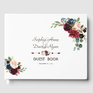 Elegant Merlot Navy Blue Floral Wedding Guest Book