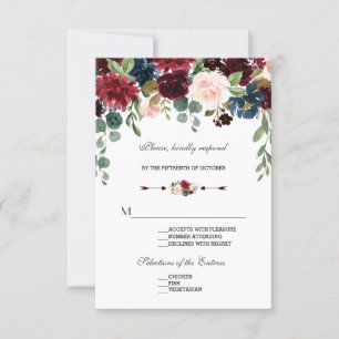 Elegant Merlot Navy Blue Floral Wedding RSVP