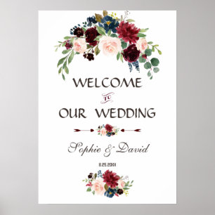 Elegant Merlot Navy Blue Floral Wedding Sign