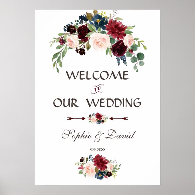 Elegant Merlot Navy Blue Floral Wedding Sign (Front)