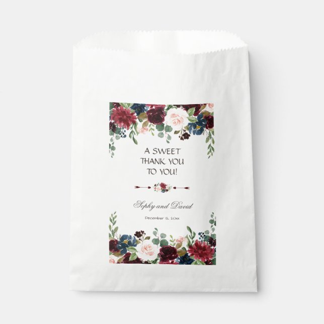 Elegant Merlot Navy Blue Floral Wedding THANK YOU Favour Bags (Front)