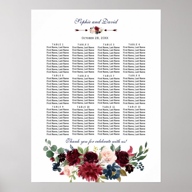 Elegant Merlot Navy Floral Wedding Seating Chart (Front)