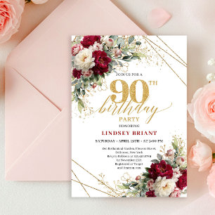 Elegant Merlot Rose Gold 90th Birthday Invite