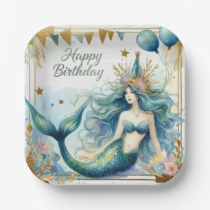 Elegant Mermaid Birthday Blue Gold Floral Paper Plate
