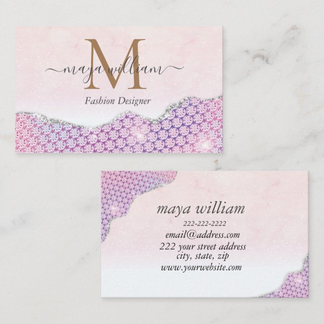 Elegant  Mermaid Edges Pink Glitter Agate   Business Card (Front/Back)