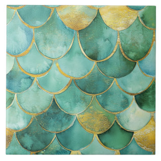 Elegant Mermaid Scales in Teal and Gold Tile