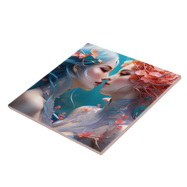 Elegant Mermaids Embracing Underwater Blossoms Tile (Side)