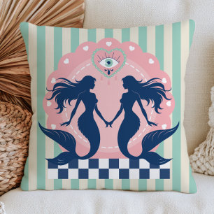 Elegant Mermaids on Mint Stripes Pastel Nautical Cushion