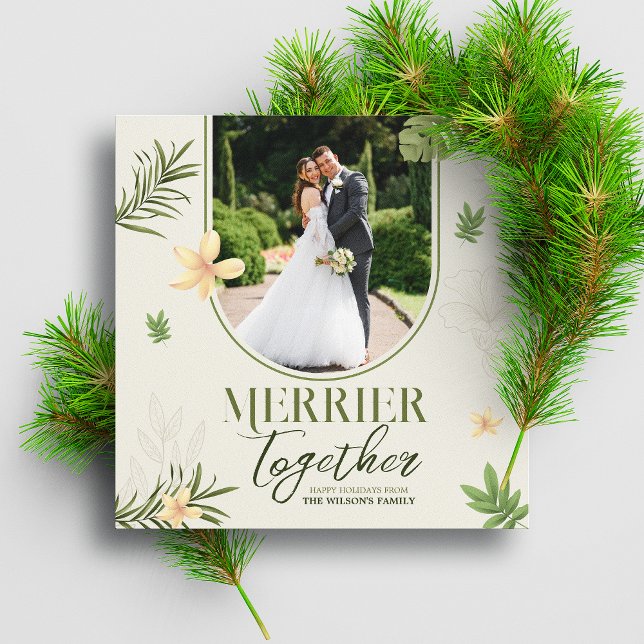 Elegant Merrier Together Green Leaves Theme Holiday Card (Creator Uploaded)