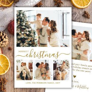 Elegant Merriest Christmas Gold Script 4 Photo Holiday Card