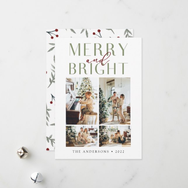 Elegant Merry and Bright Four Photo  Holiday Card (Front/Back In Situ)