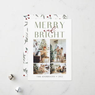 Elegant Merry and Bright Four Photo  Holiday Card