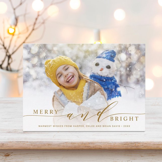 Elegant Merry and Bright Gold Script Photo Holiday Card (Creator Uploaded)