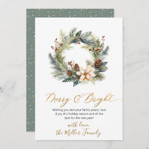 Elegant Merry and Bright Script Wreath Greenery Holiday Card