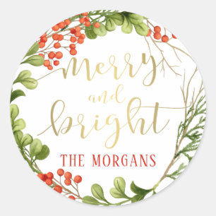 Elegant Merry and Bright Wreath Holiday Classic Round Sticker