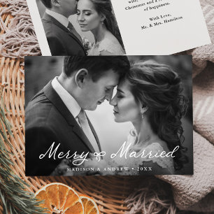 Elegant Merry and Married Bow Newlywed Photo Holiday Card