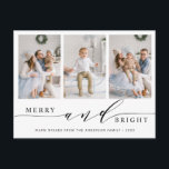Elegant Merry & Bright 3 Photo Holiday Postcard<br><div class="desc">Simple and elegant holiday photo postcard.  For more advanced customisation of this design,  please click the Customise Further link to change the font,  size,  colour,  etc.</div>