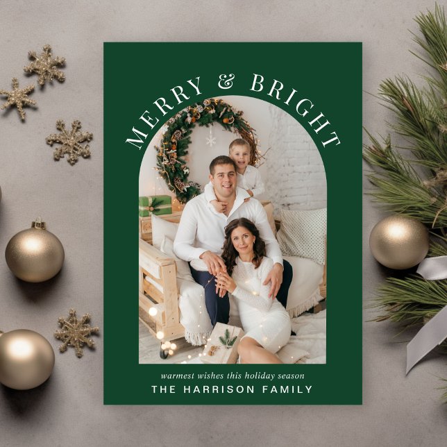 Elegant Merry Bright Arch Photo Green Christmas Holiday Card (Creator Uploaded)