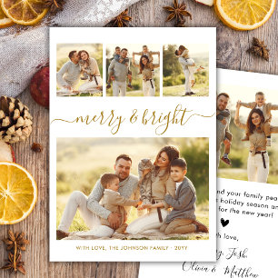 Elegant Merry & Bright Gold Script 4 Photo Collage Holiday Card