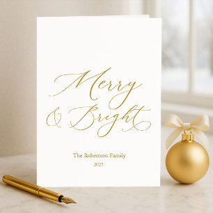 Elegant Merry & Bright Gold Script Christmas Holiday Card