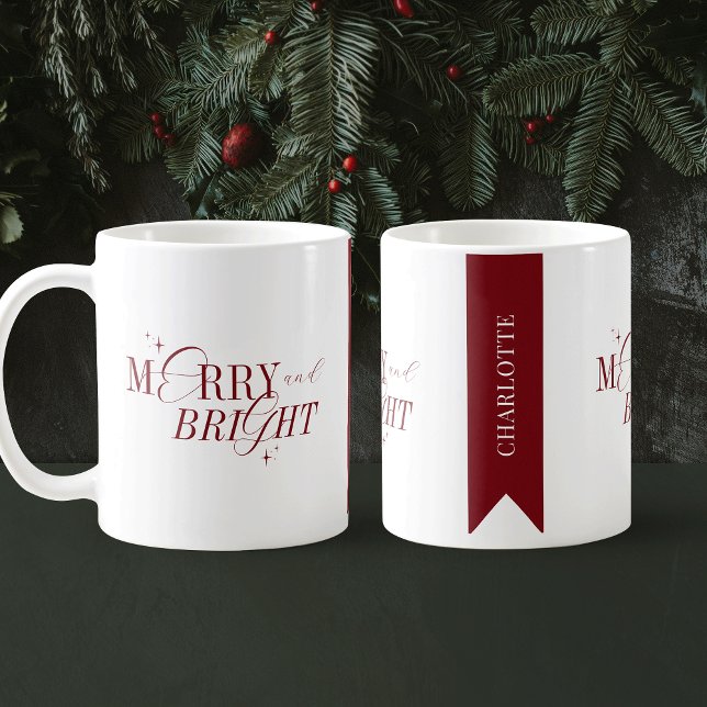 Elegant Merry & Bright Modern Red White Christmas Coffee Mug (Featuring stylish calligraphy script fonts and modern layout, this festive mug makes a perfect gift)