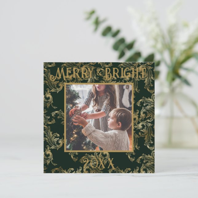 Elegant Merry & Bright Photo Green Vintage Holiday Card (Standing Front)