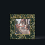 Elegant Merry & Bright Photo Green Vintage Holiday Card<br><div class="desc">Elegant vintage green with gold brocade pattern Merry & Bright typography.  A beautiful brocade distressed design with your favourite photo in the centre.  Personalise with your message and name on the reverse side.  The perfect holiday greeting card.</div>