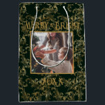 Elegant Merry & Bright Photo Green Vintage Medium Gift Bag<br><div class="desc">Elegant vintage green with gold brocade pattern Merry & Bright typography gift bag.  A beautiful brocade distressed design with your favourite photo in the centre.  Personalise with the current year.  The perfect holiday gift bag.</div>