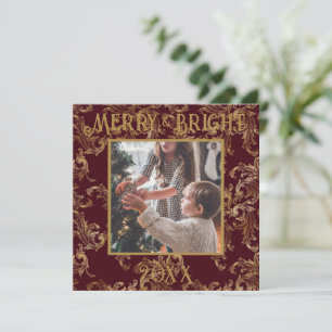 Elegant Merry & Bright Photo Red Gold Vintage Holiday Card