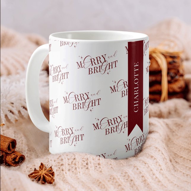 Elegant Merry & Bright Trendy Red White Christmas Coffee Mug (Merry & Bright elegant Christmas coffee / tea mug with space for a custom name)