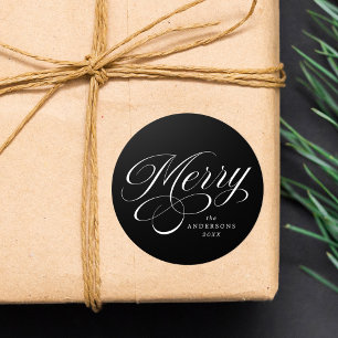 Elegant Merry Calligraphy Script Black Holiday Classic Round Sticker