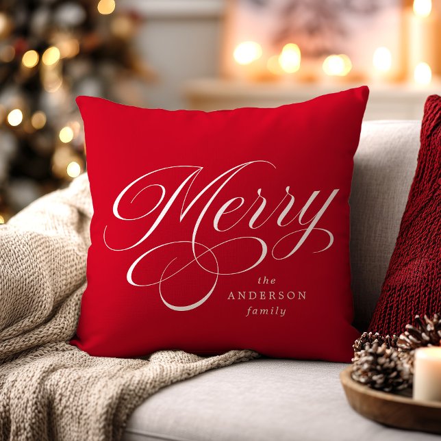 Elegant Merry Calligraphy Script Red Holiday Cushion (Creator Uploaded)