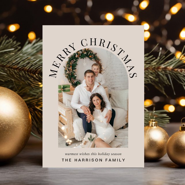 Elegant Merry Christmas Arch Photo Taupe Holiday Card (Share the love and warmth of the season with an elegant arch photo Christmas card)